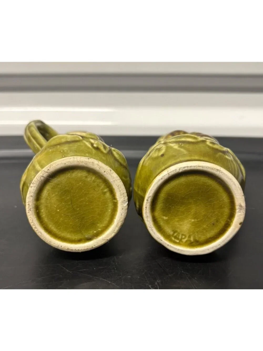 Vintage MCM Green Ceramic Oil & Vinegar Cruet Set Fruit Design Cork Stoppers